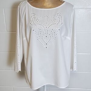 Liz Claiborne Eyelet Detailed Blouse Crisp Cool Top Cotton Blend Bell Sleeves